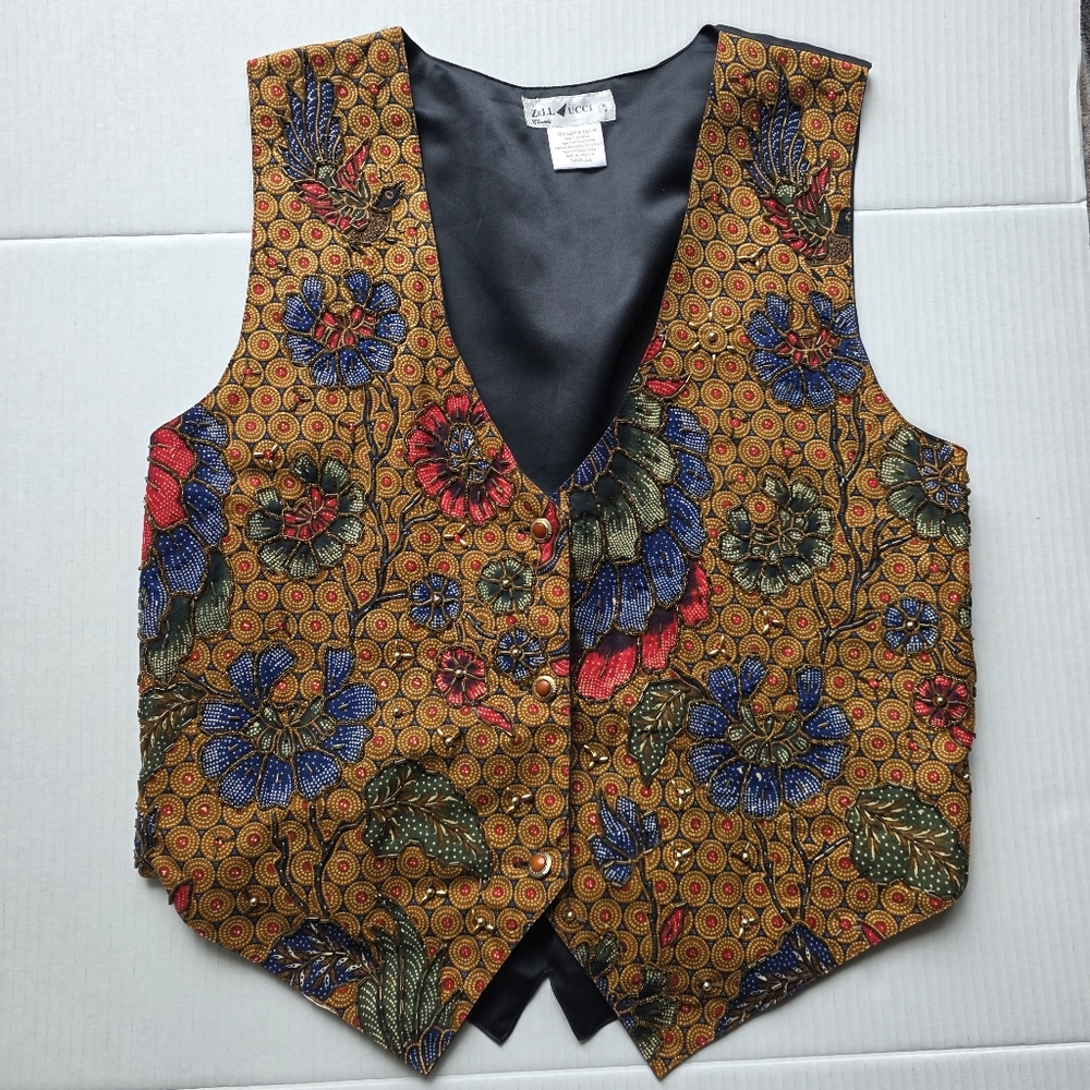 Vintage Zell Ucci Vest Vibrant Floral Pattern Lightly Beaded One Size